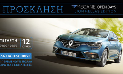 MEGANE OPEN DAYS. Η ξεχωριστή ενέργεια που δίνει την ευκαιρία στο κοινό να γνωρίσει και να οδηγήσει το νέο Renault MEGANE είναι γεγονός και η Lion Ελλάς το γιορτάζει με ένα ξεχωριστό event με πολλές εκπλήξεις την Τετάρτη 12 Ιουλίου. Δυναμικό, με ξεχωριστό χαρακτήρα, οδηγικό ταπεραμέντο που συναρπάζει και τεχνολογία που μέχρι σήμερα συναντούσε κανείς μόνο σε μοντέλα μεγαλύτερων κατηγοριών, το νέο Renault MEGANE ήρθε για να κυριαρχήσει και οι MEGANE OPEN DAYS αποτελούν την καλύτερη αφορμή για να ανακαλύψει κανείς από κοντά το νέο μοντέλο. Την Τετάρτη 12 Ιουλίου, στα πλαίσια των MEGANE OPEN DAYS, η Lion Ελλάς, Εξουσιοδοτημένος Διανομέας και Επισκευαστής Renault & Dacia, έχει ετοιμάσει ένα ξεχωριστό event για να γιορτάσει αυτό το μοναδικό δεκαήμερο. Από τις 9 το πρωί μέχρι και τις 8 το βράδυ στην Έκθεση της Λ. Κηφισού 138-140, μια σειρά εκπλήξεων περιμένει όσους την επισκεφθούν. Εκτός από τη δυνατότητα να γνωρίσουν και να οδηγήσουν το νέο Renault MEGANE, οι επισκέπτες θα έχουν την ευκαιρία να επωφεληθούν από μοναδικές προσφορές, να κερδίσουν δώρα της Renault, ενώ τους περιμένει και μια μοναδική έκπληξη που θα τη ζήσουν μαζί με το νέο Renault MEGANΕ! Για περισσότερες πληροφορίες σχετικά με την εκδήλωση της 12ης Ιουλίου, αλλά και συνολικότερα για τις MEGANE OPEN DAYS στη Lion Ελλάς, το κοινό μπορεί να επικοινωνεί με το τηλέφωνο 210-5706860 ή να επισκεφθεί τον ιστότοπο www.lion.renault-net.gr/meganeopendays